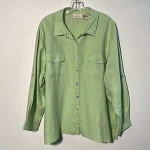 STUDIO WORKS Career Coastal 100% Linen 2 Pocket Chartreuse Long SLV Tab Top 3X